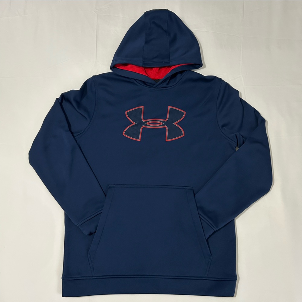 Under Armour Cold Gear Fleece Blue Hoodie with Red Logo S